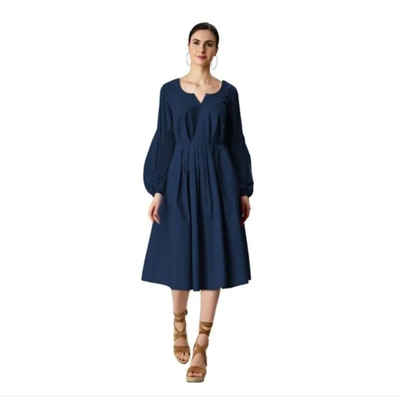 Eshakti Dress Bishop Sleeve Cotton Poplin Pleated Navy Blue Modest Classic Midi - Picture 1 of 15